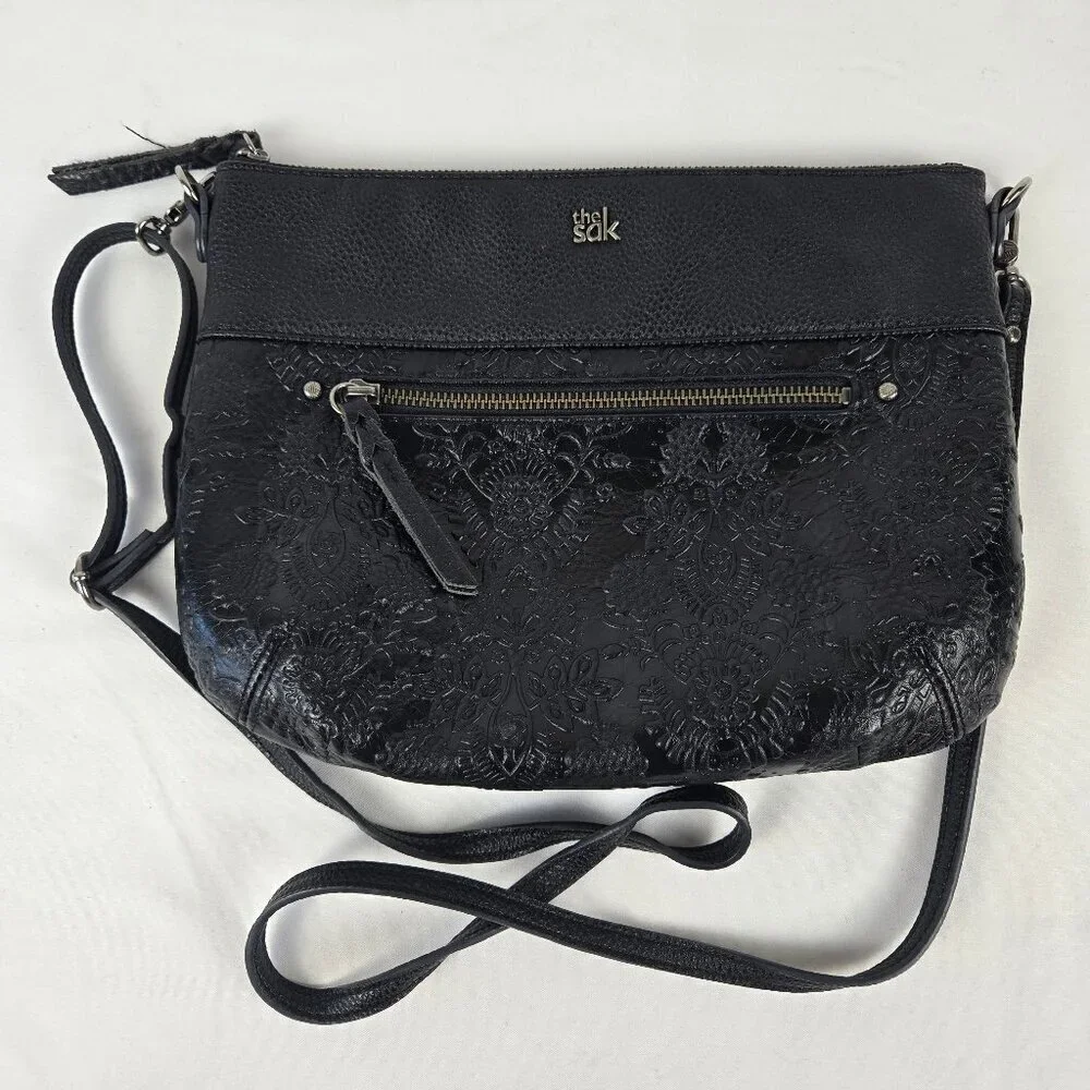 The SAK Black Leather Crossbody Bag Pebbled Leather & Tooled Leather Floral